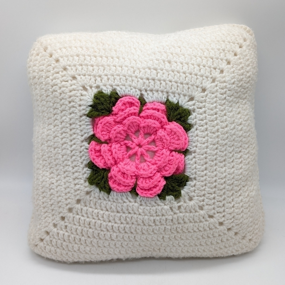 Vintage White Pink Crochet Granny Square Floral Pillow